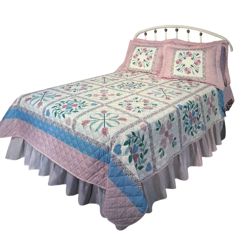 Barclay Quilt Set Full Pink Blue Heart Flower American Traditions Collection New